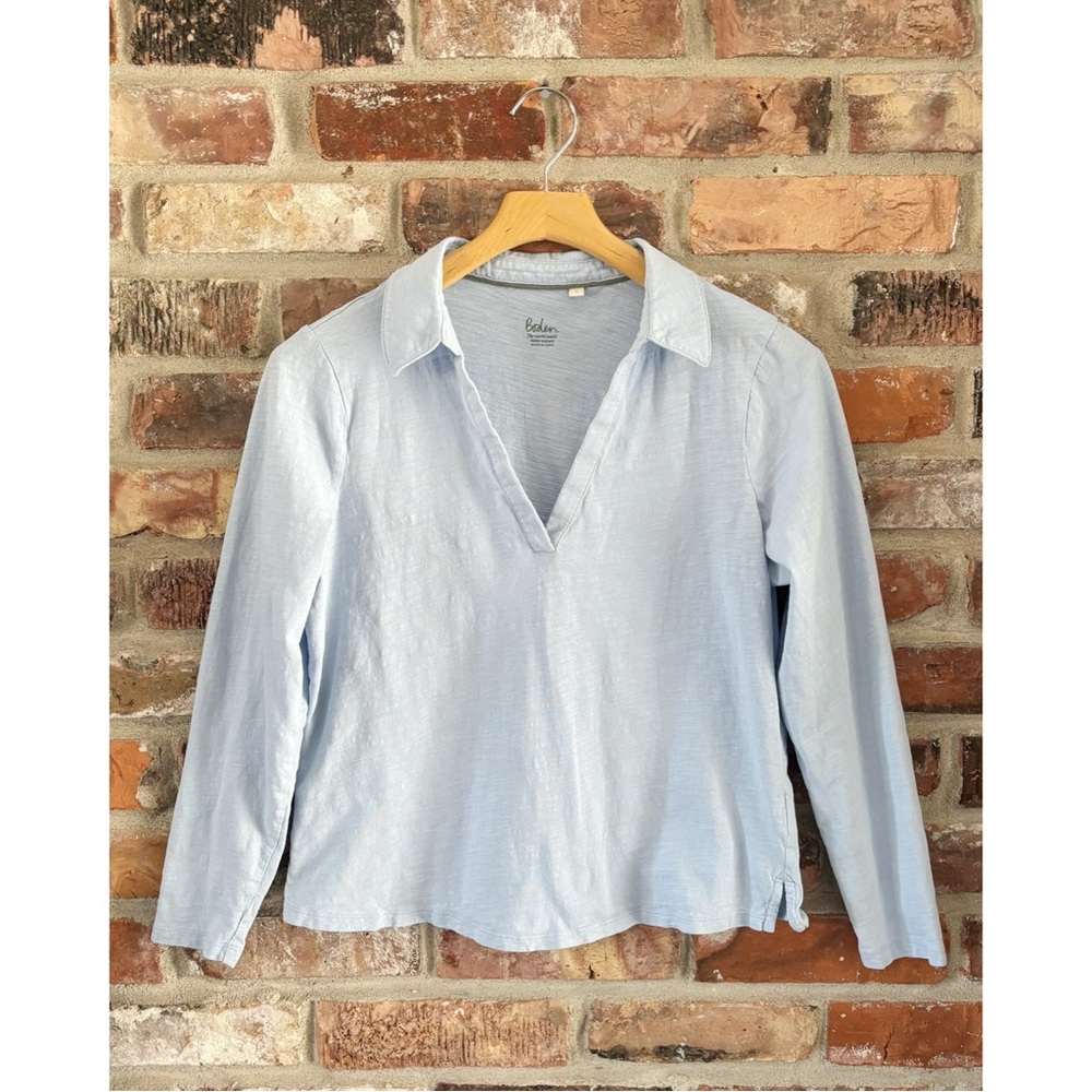 Boden Blue Cotton V Neck Collared Long Sleeve Shirt Top, M